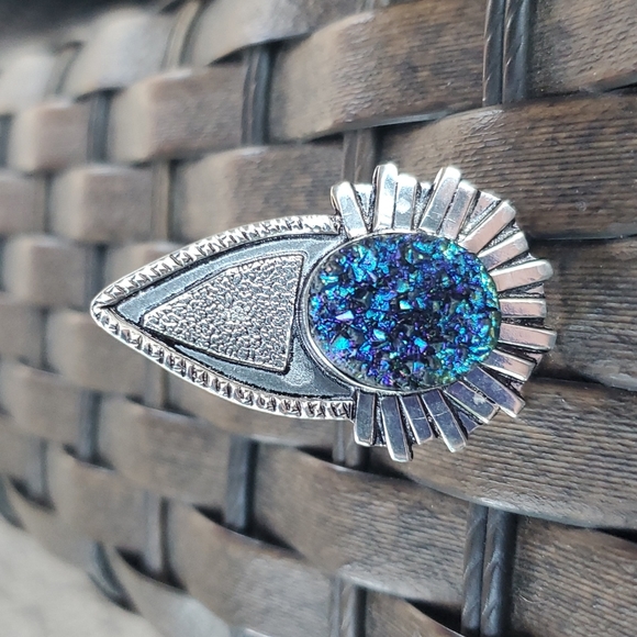 New Unique Oversized Blue Titanium Druzy 925 Silver Statement Ring. - Picture 12 of 16